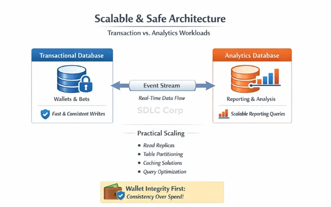 Scalable and safe architecture diagram showing transactional database for wallets and bets connected via an event stream to an analytics database for reporting and analysis, with scaling methods like read replicas, partitioning, caching, and query optimization