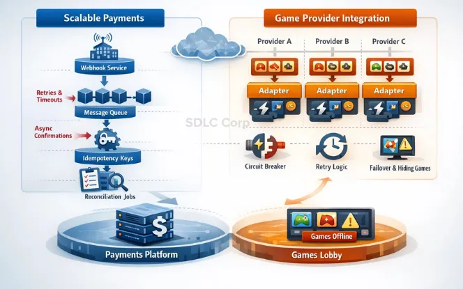 Diagram showing scalable payments flow with webhook service, message queue, idempotency keys, and reconciliation jobs, plus a game provider integration layer using provider adapters, circuit breaker, retry logic, and failover that can hide games in the lobby when providers fail.