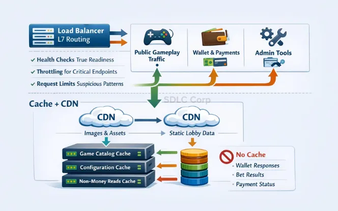 Performance diagram showing L7 load balancer routing casino traffic (public gameplay, wallet and payments, admin tools) plus cache and CDN for images, assets, static lobby data, and safe reads, with a note to avoid caching wallet responses, bet results, and payment status.