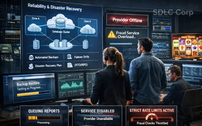 Operations team monitoring casino platform reliability and disaster recovery dashboards showing multi-zone database cluster, backups and failover drills, provider outage alerts, fraud service overload, and rate limiting during an incident