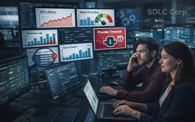Monitoring and analytics scene showing an ops team watching observability dashboards for p95 latency, wallet error rate, webhook lag, queue depth, slow queries, and a provider timeout alert.