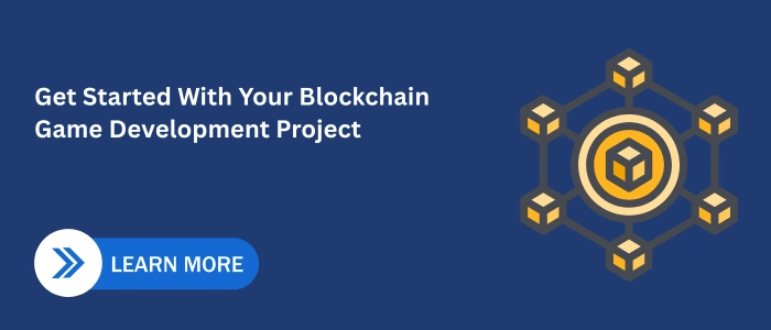 “CTA banner showing blockchain network icon with text prompting users to start their blockchain game development project.”