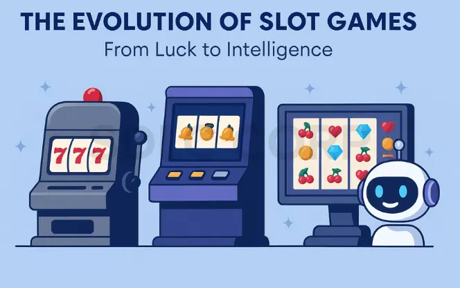 A digital illustration showing the evolution of slot machines: a classic mechanical slot machine with a lever and 777 symbols on the left, a modern electronic slot machine with buttons in the center, and an AI-powered slot game on a computer screen with a smiling robot beside it, symbolizing the transition from luck-based to intelligent slot gaming
