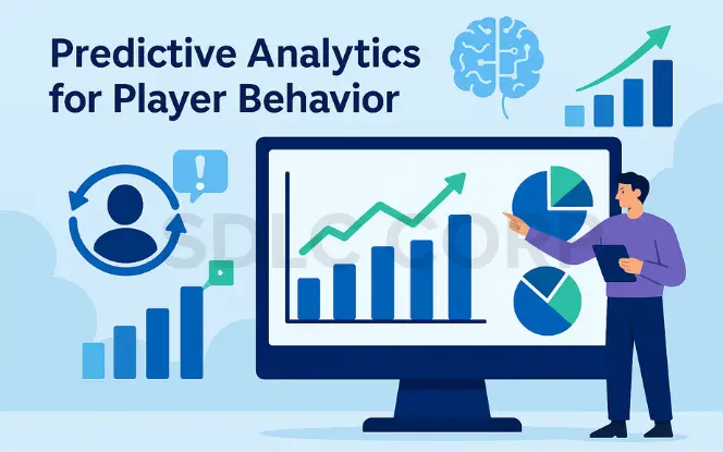 illustration depicting predictive analytics for player behavior, featuring a person analyzing bar graphs and pie charts on a computer monitor. Surrounding elements include a brain icon symbolizing AI, upward trending graphs, and user behavior icons, all in blue and green tones to convey data-driven insights.