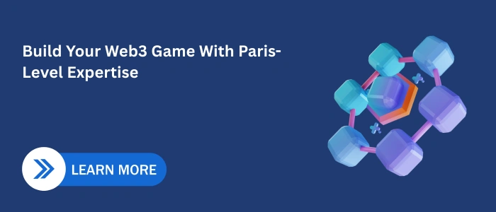 3D blockchain network illustration beside a CTA button promoting Web3 game development expertise in Paris.
