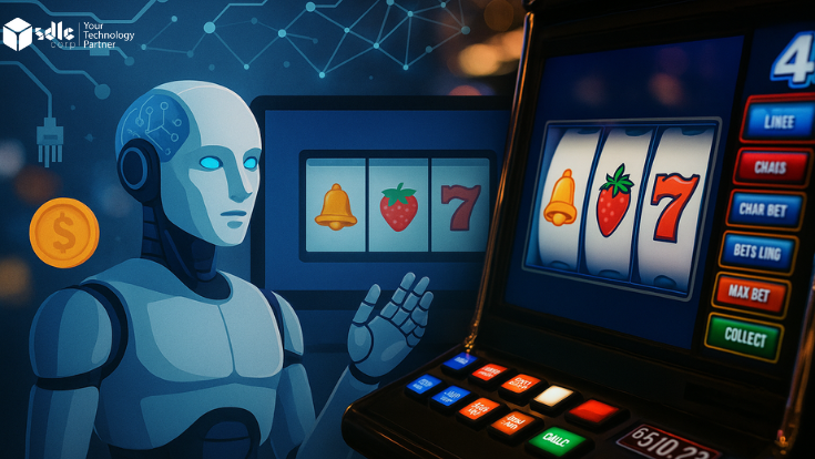 A hyper-realistic digital illustration of a humanoid robot with glowing eyes next to a modern slot machine showing classic symbols like a bell, strawberry, and red 7. The background features neural network graphics and a floating golden coin, visually representing the integration of artificial intelligence and machine learning in slot game development within a futuristic casino setting.