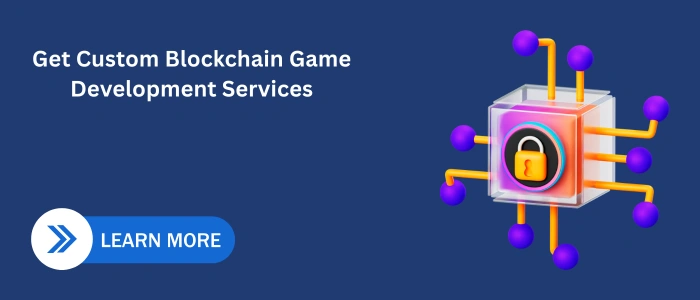 3D blockchain security cube with connected nodes and a “Learn More” button banner for blockchain game development services.