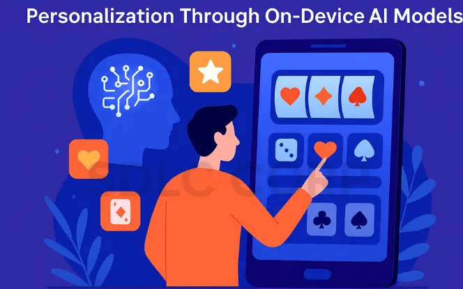 An illustrated man interacts with a personalized casino game interface on a smartphone, surrounded by icons and a digital AI brain, representing on-device AI models enhancing user personalization.
