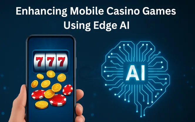 A smartphone displaying a slot machine with coins and poker chips, alongside a glowing AI brain circuit graphic, symbolizing the integration of Edge AI in mobile casino game enhancement.
