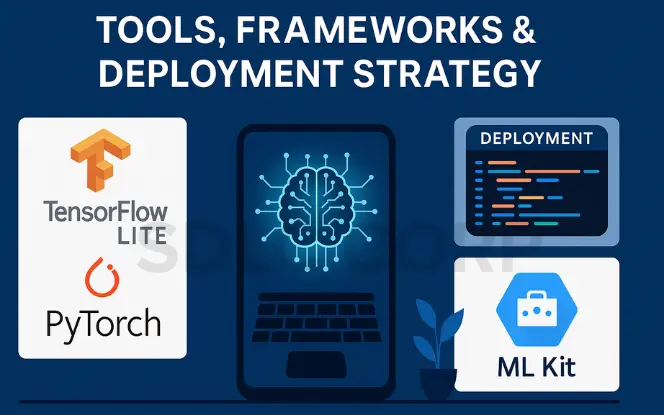 A flat-style illustration showing AI tools and frameworks like TensorFlow Lite, PyTorch, and ML Kit, alongside a laptop with a glowing AI brain icon and a deployment code window—representing the Edge AI deployment strategy for mobile casino game development.
