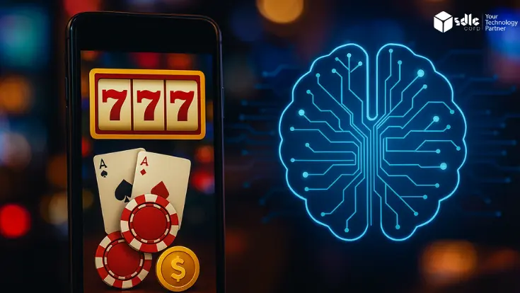 A realistic image showing a smartphone with a slot machine game and poker elements, placed beside a glowing blue AI brain graphic on a blurred casino-themed background, symbolizing Edge AI in mobile casino gaming.