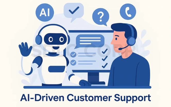 illustration of AI-driven customer support showing a friendly robot wearing a headset, interacting with a human agent in front of a computer screen. The screen displays speech bubbles and checkmarks, representing effective AI communication, with icons above indicating questions, phone support, and AI automation.