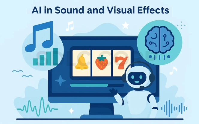 illustration showing AI's role in sound and visual effects. A robot wearing a headset gestures toward a slot machine interface on a monitor. Surrounding visuals include music notes, waveforms, sound equalizer bars, and a brain icon with circuits, symbolizing AI-generated audio and dynamic visuals in gaming.