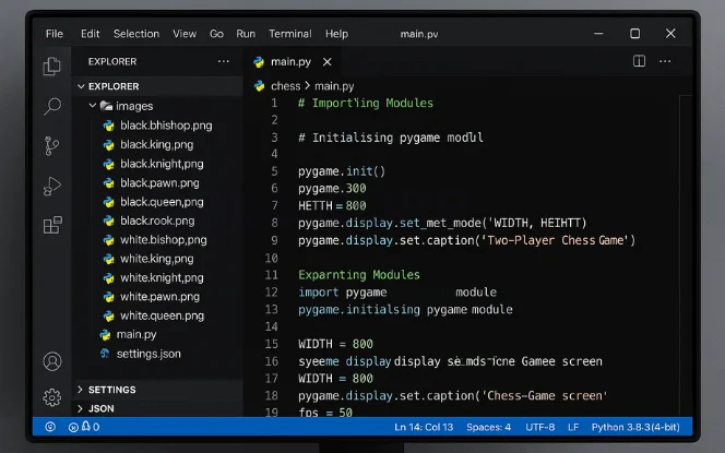 Python chess game setup in VS Code with folder structure, assets, and pygame environment ready.