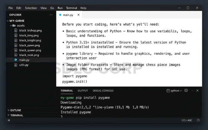 Terminal window showing successful Pygame installation using pip command in Python environment.