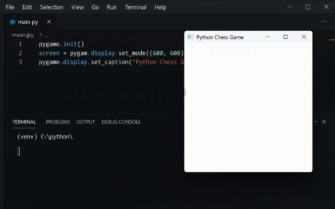 Python code in VS Code setting up a 600x600 Pygame window with a custom chess game title bar.