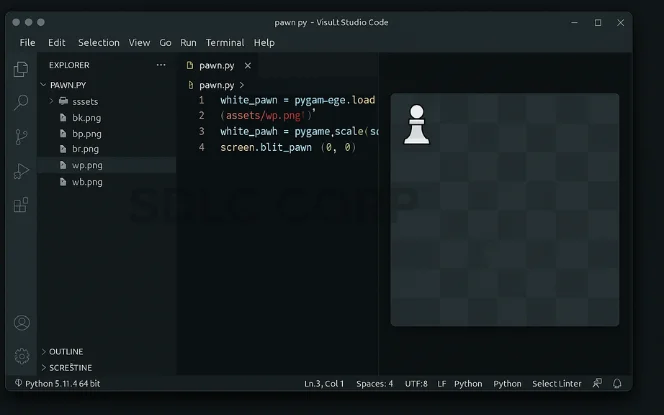 Python pygame code loading and resizing chess piece images to fit 75x75 pixel squares on the board.