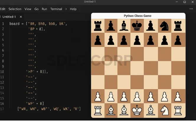 Python code displaying initial chess board setup using 2D matrix with labeled pieces like wP and bR.