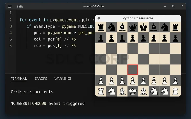 Python code snippet detecting mouse click events on a chessboard using pygame for player move tracking.