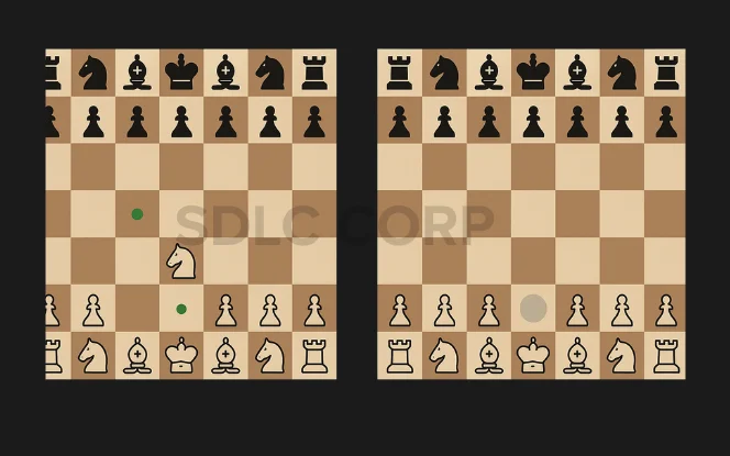 Python game logic implementation in pygame showing move validation and turn switching on a chessboard.