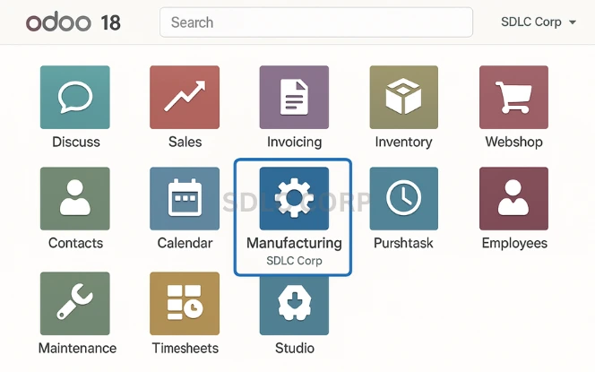 Accessing the Odoo Manufacturing Module Dashboard Odoo 18 manufacturing dashboard showing module access.