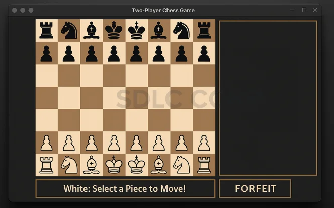 Python code in VS Code showing full Pygame chess game script with board setup and piece movement logic.