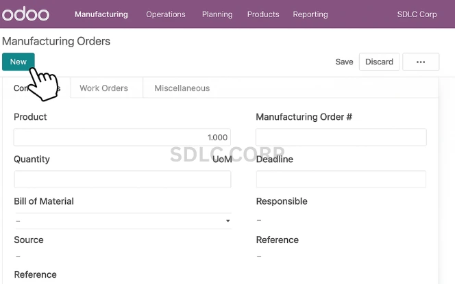 Creating a New Manufacturing Order in Odoo New manufacturing order form setup with product selection in Odoo ERP