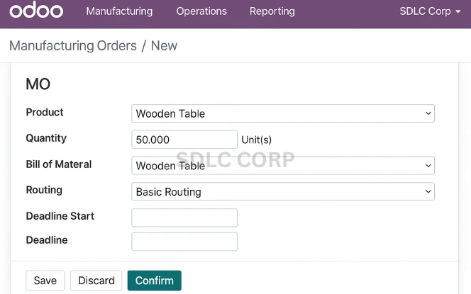 Filling Production Details in Manufacturing Order Detailed manufacturing order form with quantity, BoM, and schedule in Odoo.