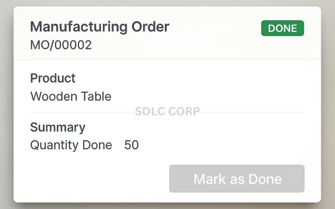 Finalizing the Manufacturing Order Mark as Done screen in Odoo showing completed manufacturing process and stock update