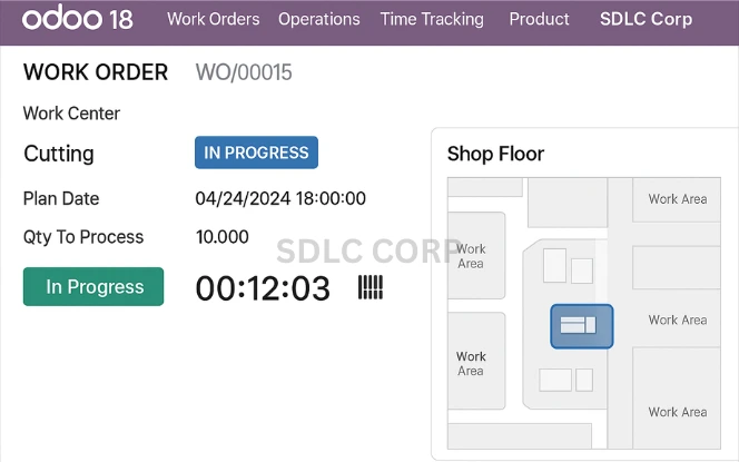 Starting the Production Process Using Work Orders SDLC using Odoo shop floor view to begin work order execution.