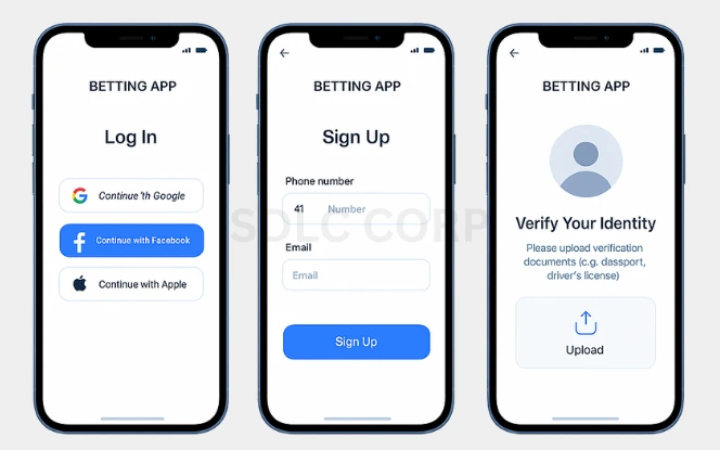 Three mobile screens showcasing user registration process of a Sportsbet-like betting app, including social login, email and phone input, and KYC document upload in a clean blue and white interface