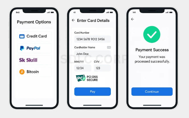 Key Features of a Sportsbet-like Betting App showing secure payment gateways with payment options, card entry, and payment success screens