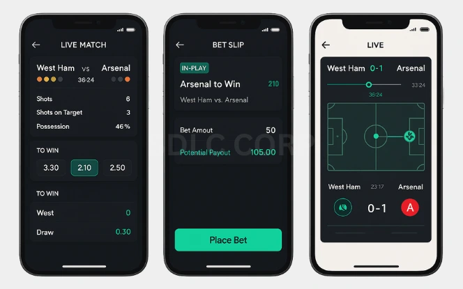 Key Features of a Sportsbet-like Betting App showing live match stats, bet slip placement, and live match tracker on dark themed UI