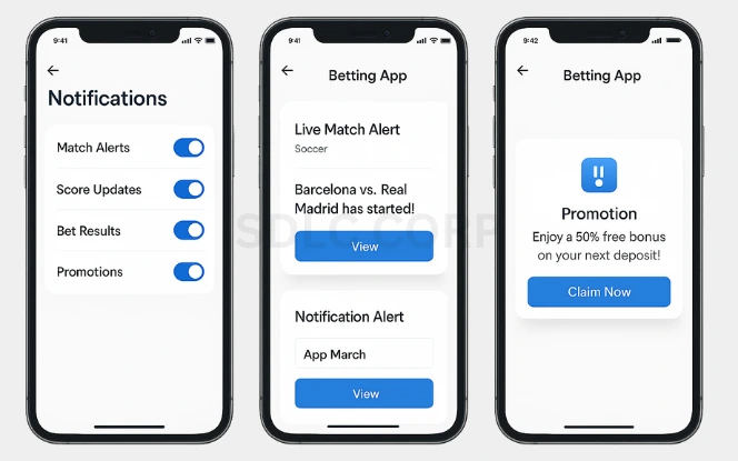 Key Features of a Sportsbet-like Betting App showing notification preferences, live match alert popup, and promotional offer notification screens