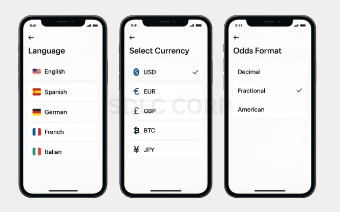 Key Features of a Sportsbet-like Betting App showing language selection, currency selection, and odds format options on a clean UI