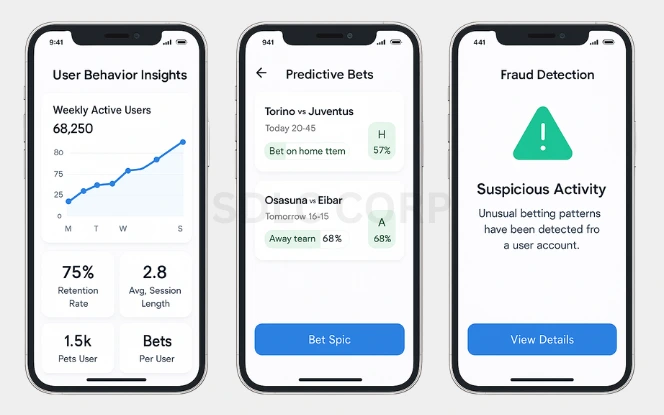 Key Features of a Sportsbet-like Betting App showing AI-powered analytics with user behavior insights, predictive bet recommendations, and fraud detection alert screens