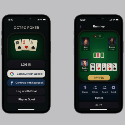 "Realistic mobile screens showing poker app onboarding with login options including Google, Facebook, email, and guest access."