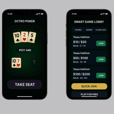 "Two smartphone screens displaying a poker game lobby with table stakes, player count, blinds, and quick join options."