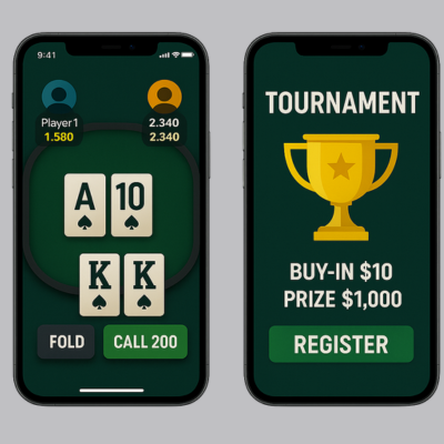 "Mobile screens showcasing essential poker game modes including Texas Hold’em tables, tournaments, and registration interface."
