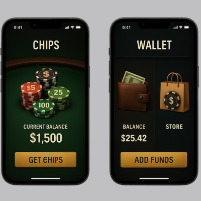 "Two realistic poker app screens showing virtual chips balance, wallet view, and in-app store purchase options."