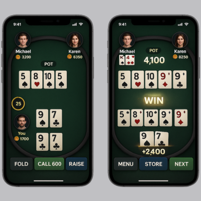"Realistic poker gameplay screens displaying community cards, player avatars, action buttons for fold, call, raise, and win results."