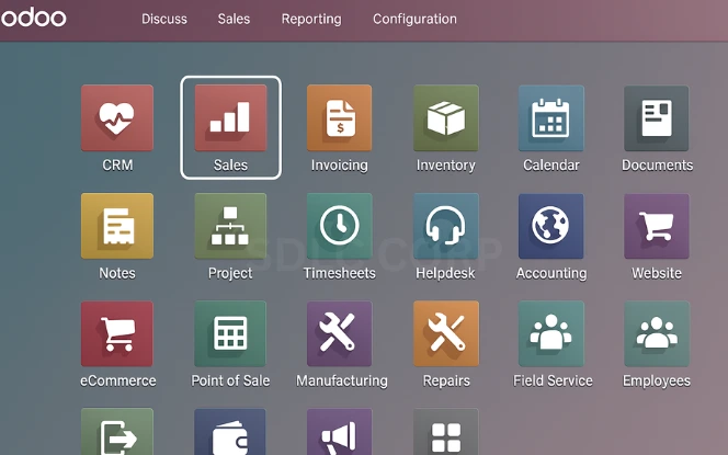 Odoo dashboard with Sales module highlighted on scree.