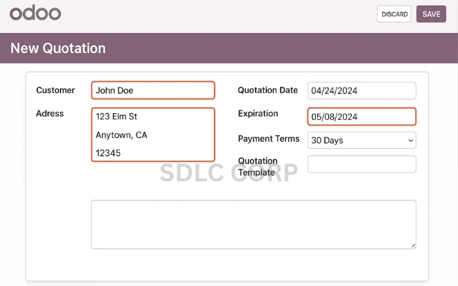 Customer information form in Odoo quotation screen.
