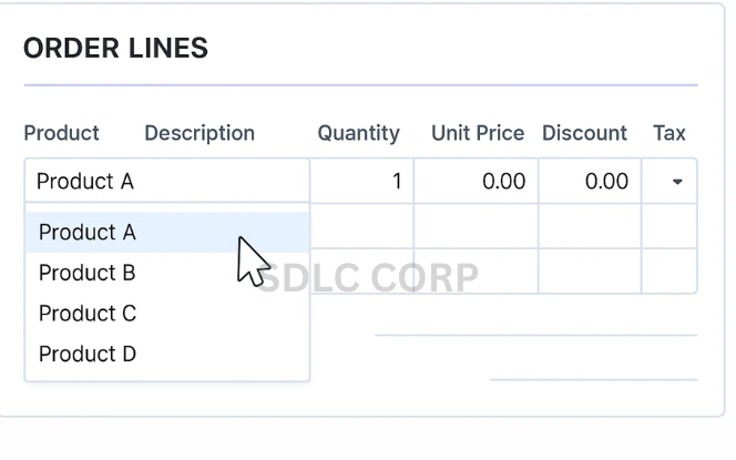 Add product section in Odoo quotation form with item details.