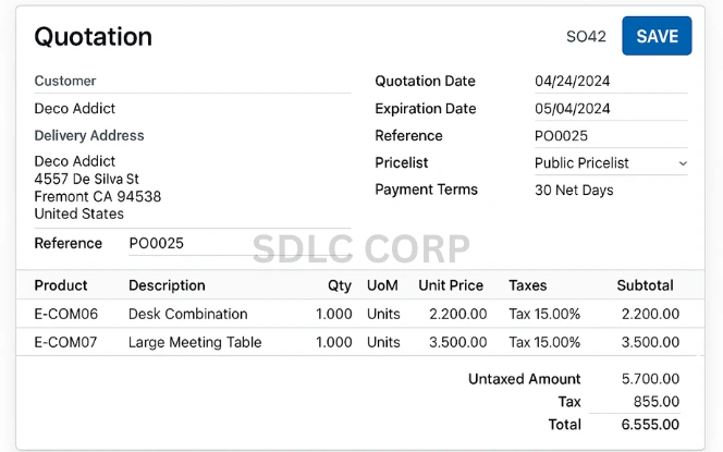 Quotation form view in Odoo with save button clicked	.