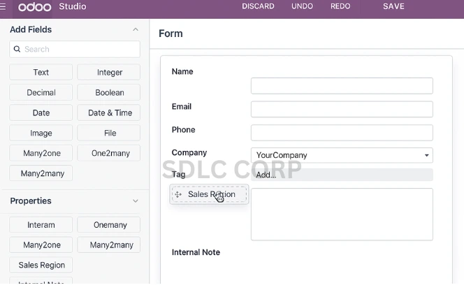 Odoo Studio interface with custom fields being added to form.