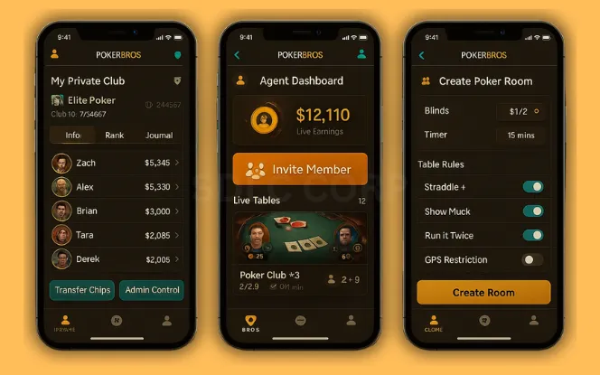 What Makes Poker Bros a Market Leader? Three mobile screens showing Poker Bros features including private clubs, agent earnings dashboard, and customizable poker tables on a luxury casino-themed background