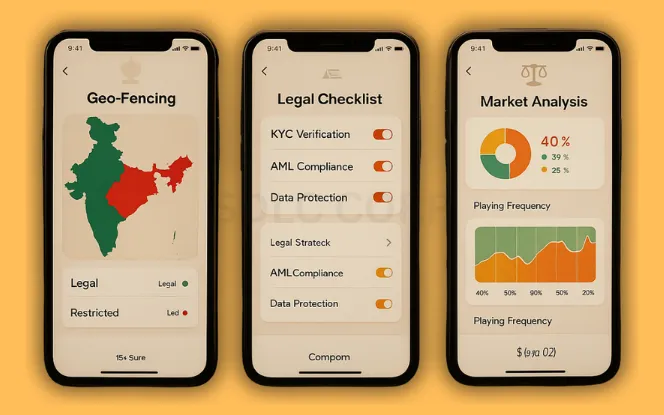 Market Research and Legal Considerations Three mobile screens displaying a region selector for poker legality, a legal compliance checklist with KYC and AML toggles, and a player behavior analytics dashboard set over a professional poker-themed background