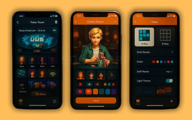 Design UI/UX for Engagement Three mobile screens of a poker app showing in-game poker table UI, avatar customization options, and theme selector for light and dark modes, all set against a luxury casino-style background