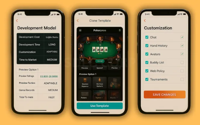 Select the Right Development Approach Three mobile screens comparing custom app, clone app, and white-label models, showing pricing cards, a Poker Bros template library, and feature customization toggles with a professional poker room background